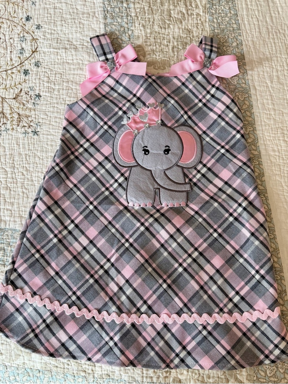 Youngland Pink and Gray Plaid Elephant Appliqué Nightgown with Pink Bows